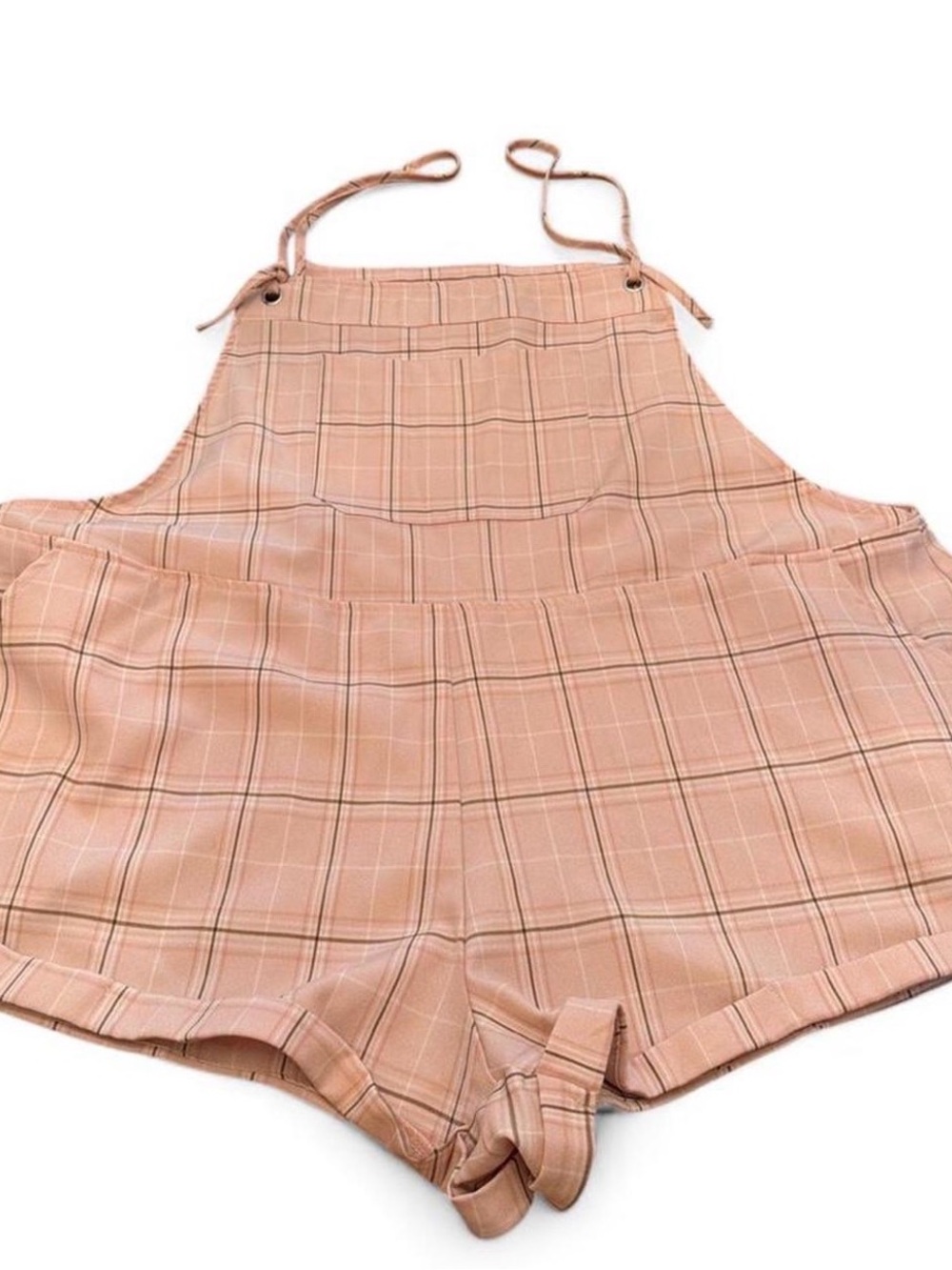 Princess Polly pink plaid overall shorts. Lightweight and loose fit in a size 12